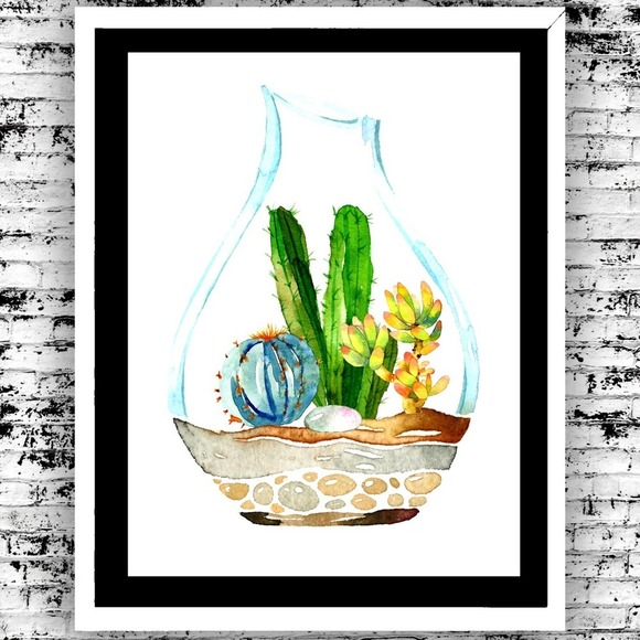 Art Print Botanical Cactus Terrarium Clean Minimalist Wall Decor - Picture 1 of 5